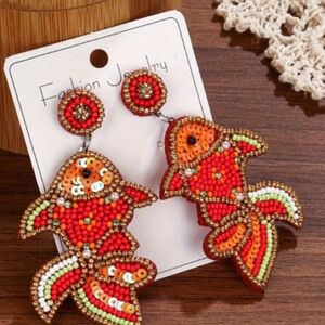 Handcrafted Beaded Fish Earrings - Orange and Green